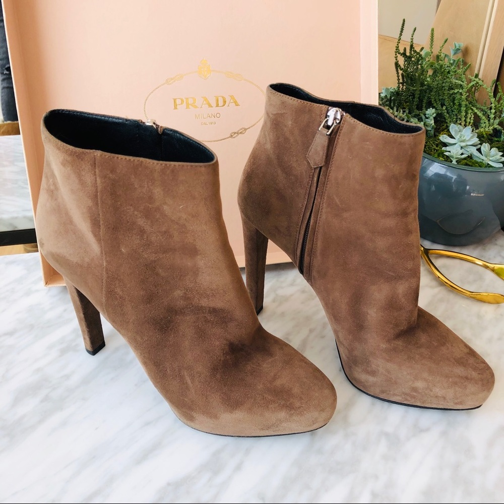 Tan/grey suede PRADA booties - Picture 6 of 8
